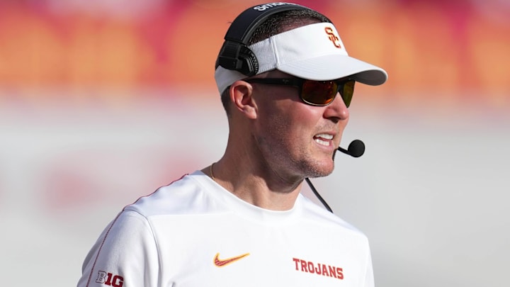 Nov 30, 2024; Los Angeles, California, USA; Southern California Trojans head coach Lincoln Riley reacts against the Notre Dame Fighting Irish in the second half at United Airlines Field at Los Angeles Memorial Coliseum. 