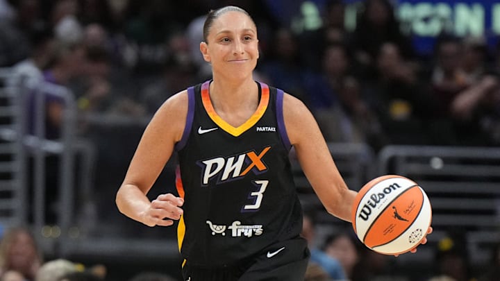 USA; Phoenix Mercury guard Diana Taurasi (3) dribbles the ball against the LA Sparks in the first half at Crypto.com Arena.