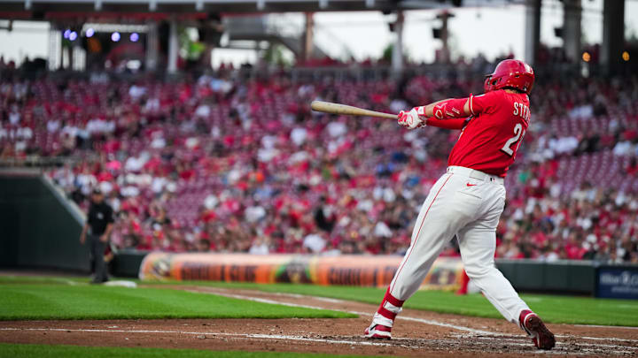 Apr 14, 2026; Cincinnati, Ohio, USA; Cincinnati Reds third baseman Sal Stewart (27) hits a solo home run against the San Francisco Giants in the fourth inning at Great American Ball Park. Mandatory Credit: Aaron Doster-Imagn Images Apr 14, 2026; Cincinnati, Ohio, USA; Cincinnati Reds third baseman Sal Stewart (27) hits a solo home run against the San Francisco Giants in the fourth inning at Great American Ball Park. Mandatory Credit: Aaron Doster-Imagn Images