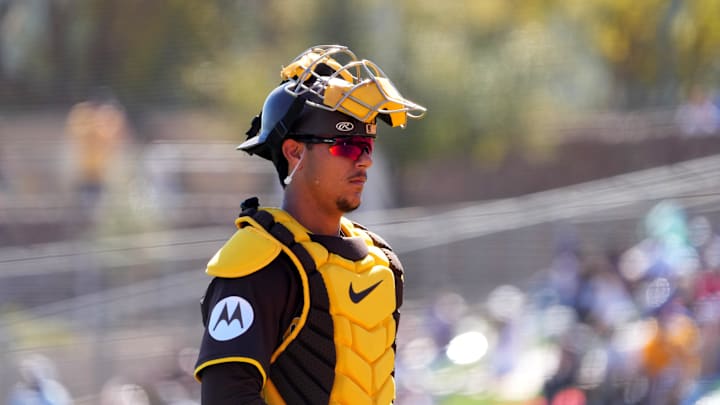San Diego Padres catcher Ethan Salas (90) looks on against the Los Angeles Dodgers during the second inning at Camelback Ranch-Glendale, Ariz., on Feb. 25, 2025. Mandatory Credit: Joe Camporeale-Imagn Images