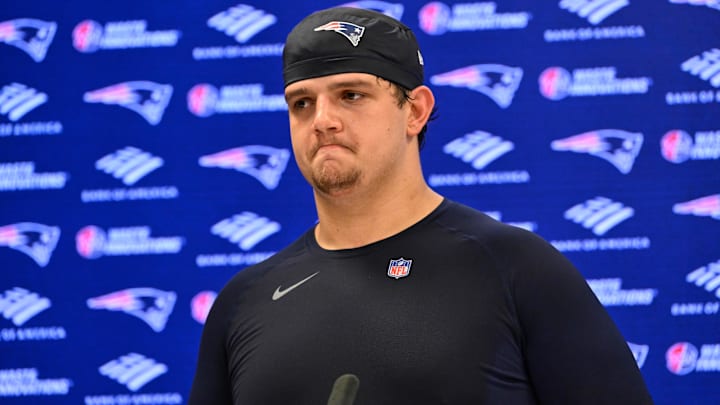 May 9, 2025; Foxborough, MA, USA; New England Patriots offensive tackle Will Campbell (66) speaks to the media after rookie camp at Gillette Stadium. Mandatory Credit: Eric Canha-Imagn Images