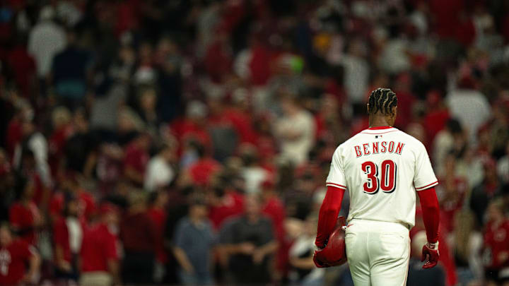 Cincinnati Reds left fielder Will Benson (30) walks back to the dugout after being stranded on base in the eleventh inning between Cincinnati Reds and Pittsburg Pirates at Great American Ball Park in Cincinnati on Sept. 24, 2025. Cincinnati Reds left fielder Will Benson (30) walks back to the dugout after being stranded on base in the eleventh inning between Cincinnati Reds and Pittsburg Pirates at Great American Ball Park in Cincinnati on Sept. 24, 2025.