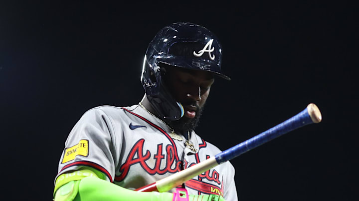Apr 17, 2026; Philadelphia, Pennsylvania, USA; Atlanta Braves center fielder Michael Harris II (23) prepares to bat against the Philadelphia Phillies at Citizens Bank Park. Mandatory Credit: Bill Streicher-Imagn Images
