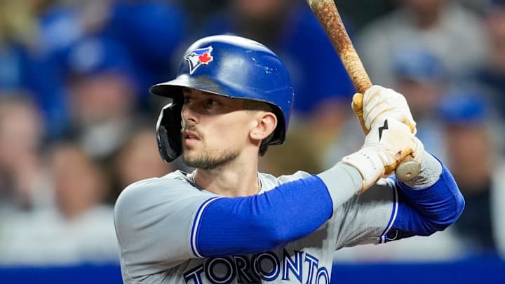 Toronto Blue Jays second base Cavan Biggio (8) bats during the seventh inning against the Kansas City Royals at Kauffman Stadium on April 24.