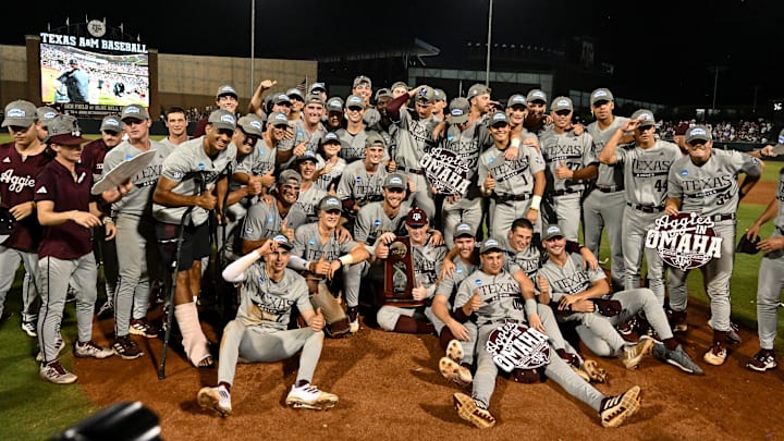 Jun 9, 2024; College Station, TX, USA; Texas A&M celebrates after sweeping Oregon in the Bryan-College Station Super Regional series at Olsen Field, Blue Bell Park Mandatory Credit: Maria Lysaker-Imagn Images Jun 9, 2024; College Station, TX, USA; Texas A&M celebrates after sweeping Oregon in the Bryan-College Station Super Regional series at Olsen Field, Blue Bell Park Mandatory Credit: Maria Lysaker-Imagn Images