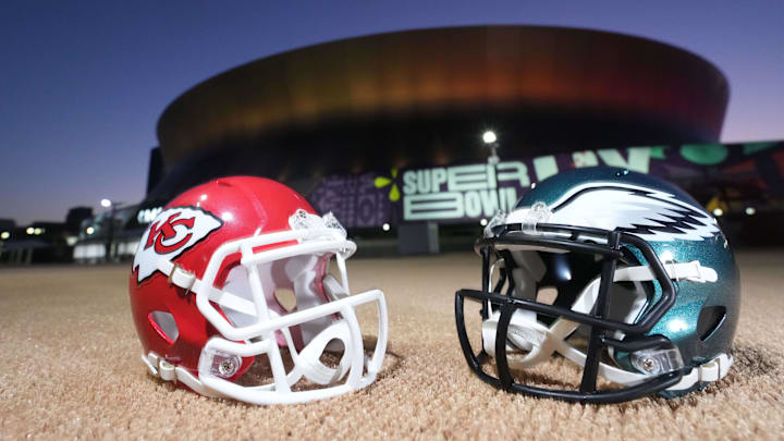 Feb 7, 2025; New Orleans, LA, USA; A general overall view of Kansas City Chiefs and Philadelphia Eagles helmets at the Caesars Superdome, the site of the Super Bowl LIX between the Kansas City Chiefs and the Philadelphia Eagles. Mandatory Credit: Kirby Lee-Imagn Images