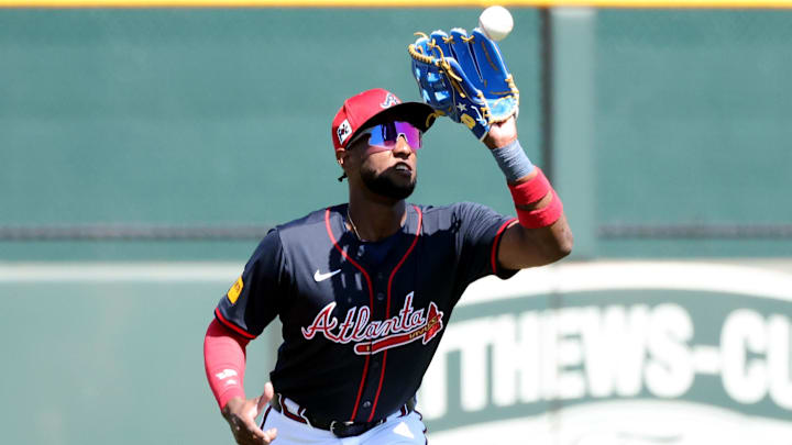 Atlanta Braves outfielder Jurickson Profar (7) catches a fly ball for an out against the New York Yankees during the first inning at CoolToday Park.