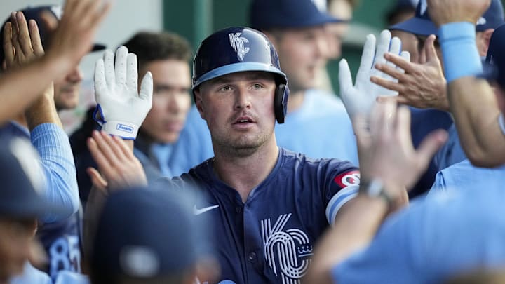 May 3, 2024; Kansas City, Missouri, USA; Kansas City Royals outfielder Hunter Renfroe (16) is