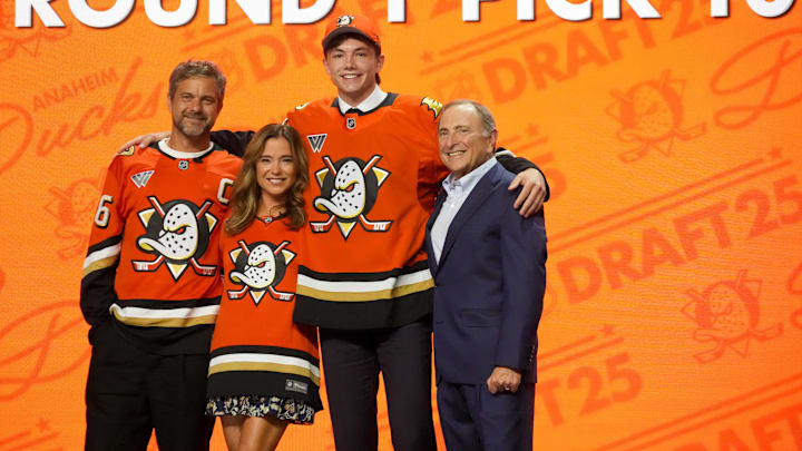 Jun 27, 2025; Los Angeles, California, USA; Roger McQueen is selected as the tenth overall pick to the Anaheim Ducks in the first round of the 2025 NHL Draft at Peacock Theater. Mandatory Credit: Kirby Lee-Imagn Images