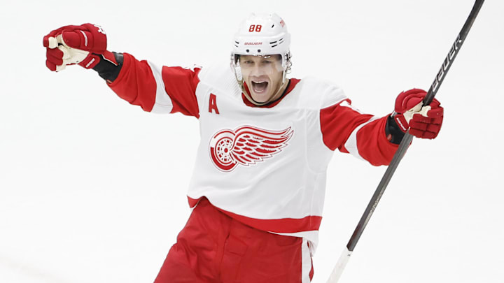 Feb 25, 2024; Chicago, Illinois, USA; Detroit Red Wings right wing Patrick Kane (88) celebrates