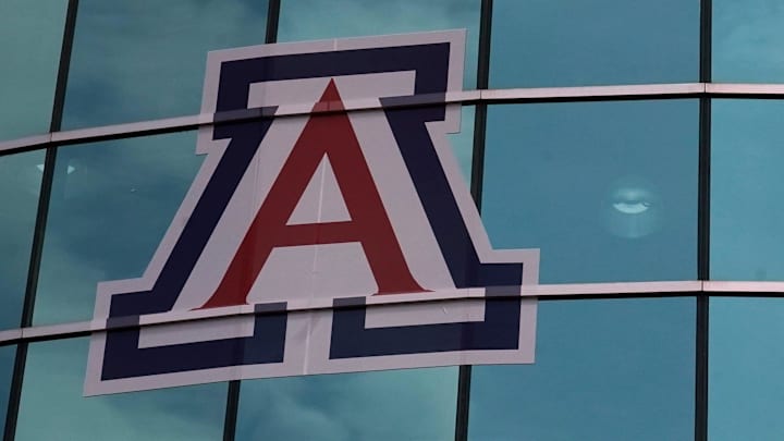 Apr 2, 2021; San Antonio, Texas, USA; A general view of the Arizona Wildcats and Connecticut logos at the Alamodome prior to the national semifinals of the women's Final Four of the 2021 NCAA Tournament. Mandatory Credit: Kirby Lee-Imagn Images
