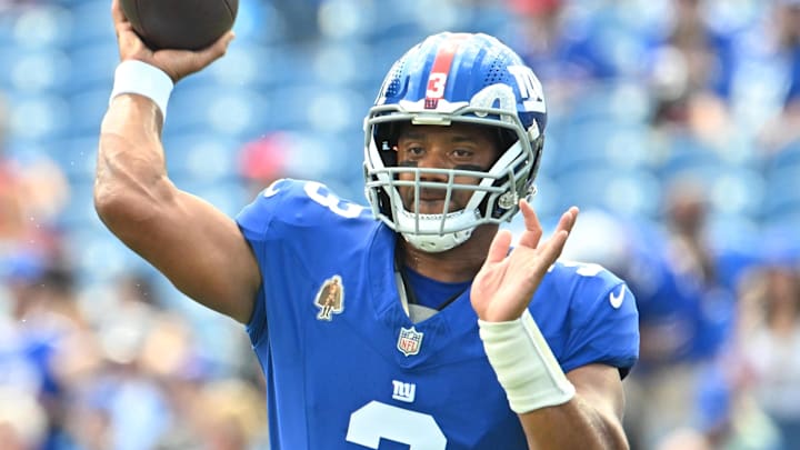 Aug 9, 2025; Orchard Park, New York, USA; New York Giants quarterback Russell Wilson (3) throws a pass before a game against the Buffalo Bills at Highmark Stadium. Mandatory Credit: Mark Konezny-Imagn Images
