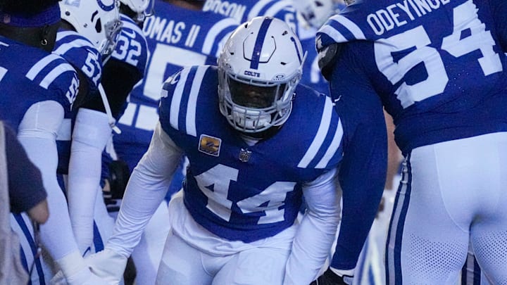 Indianapolis Colts linebacker Zaire Franklin (44) high fives his teammates as he takes the field Sunday, Oct. 20, 2024, during a game against the Miami Dolphins at Lucas Oil Stadium in Indianapolis. Indianapolis Colts linebacker Zaire Franklin (44) high fives his teammates as he takes the field Sunday, Oct. 20, 2024, during a game against the Miami Dolphins at Lucas Oil Stadium in Indianapolis.