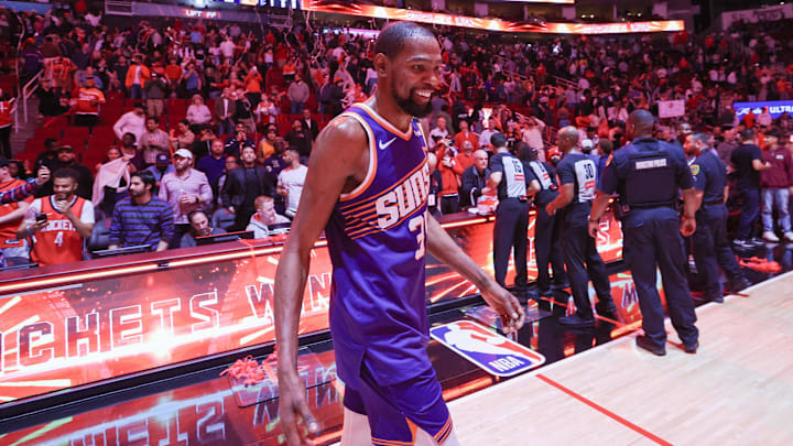 Feb 12, 2025; Houston, Texas, USA; Phoenix Suns forward Kevin Durant (35) after playing against the Houston Rockets at Toyota Center. Mandatory Credit: Thomas Shea-Imagn Images