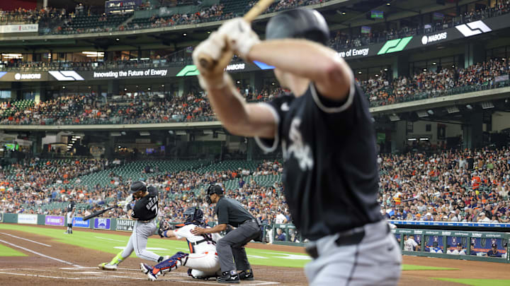 Jun 10, 2025; Houston, Texas, USA;  Chicago White Sox designated hitter Edgar Quero (7) bats while catcher Kyle Teel (8) on deck against the Houston Astros in the second inning at Daikin Park. Mandatory Credit: Thomas Shea-Imagn Images