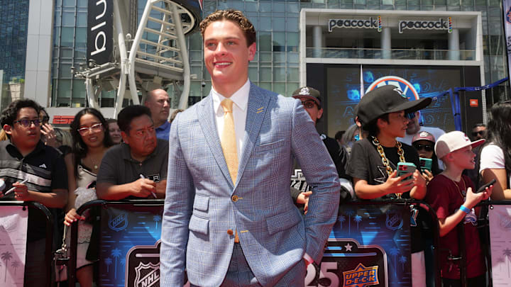 Jun 27, 2025; Los Angeles, California, USA; James Hagens arrives to the first round of the 2025 NHL Draft at Peacock Theater. Mandatory Credit: Kirby Lee-Imagn Images