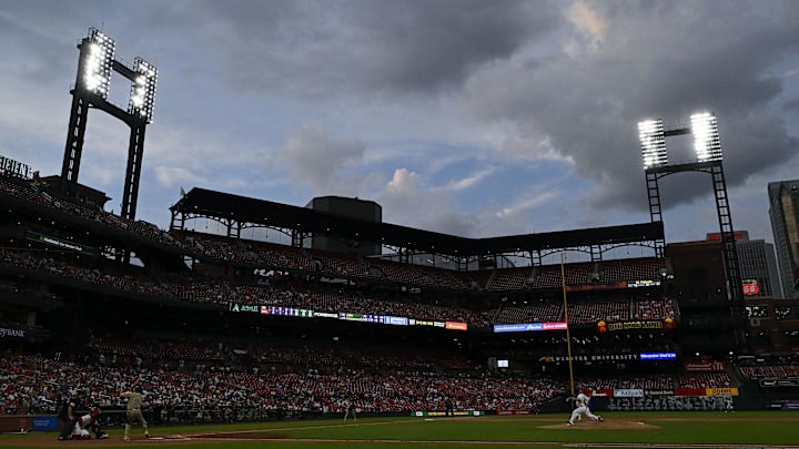 Aug 28, 2024; St. Louis, Missouri, USA;  A general view as St. Louis Cardinals starting pitcher Andre Pallante (53) pitches to San Diego Padres first baseman Jake Cronenworth (9) during the third inning at Busch Stadium. Mandatory Credit: Jeff Curry-Imagn Images