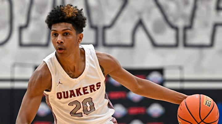 Apr 7, 2023; Washington, DC, USA; Sidwell Friends (DC) guard Acaden Lewis (20) during the first quarter against Corner Canyon (UT) at Georgetown University. Mandatory Credit: Reggie Hildred-Imagn Images
