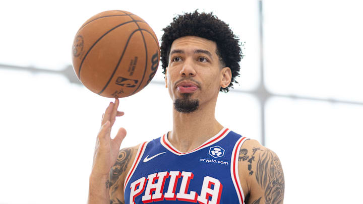 Oct 2, 2023; Camden, NJ, USA; Philadelphia 76ers forward Danny Green (14) during media day at Philadelphia 76ers Training Complex. Mandatory Credit: Bill Streicher-Imagn Images
