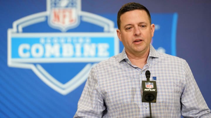 Feb 24, 2026; Indianapolis, IN, USA; New England Patriots general manager Eliot Wolf speaks at the NFL Scouting Combine at the Indiana Convention Center.