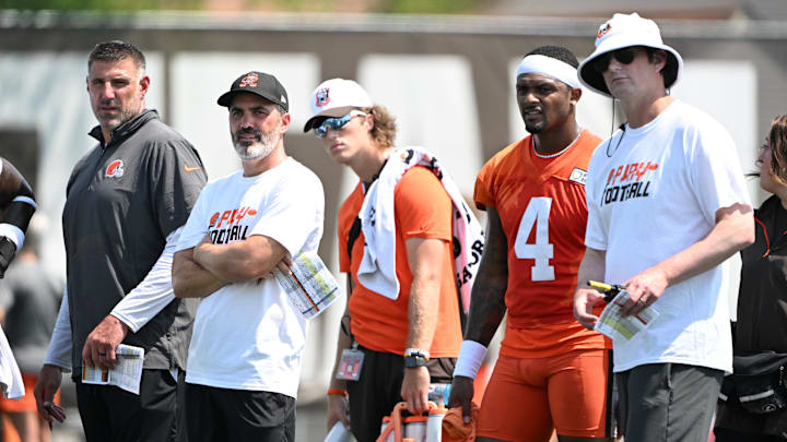 Aug 4, 2024; Cleveland Browns advisor Mike Vrabel and head coach Kevin Stefanski and quarterback Deshaun Watson (4) and offensive coordinator Ken Dorsey during practice at the Browns training facility in Berea, Ohio.