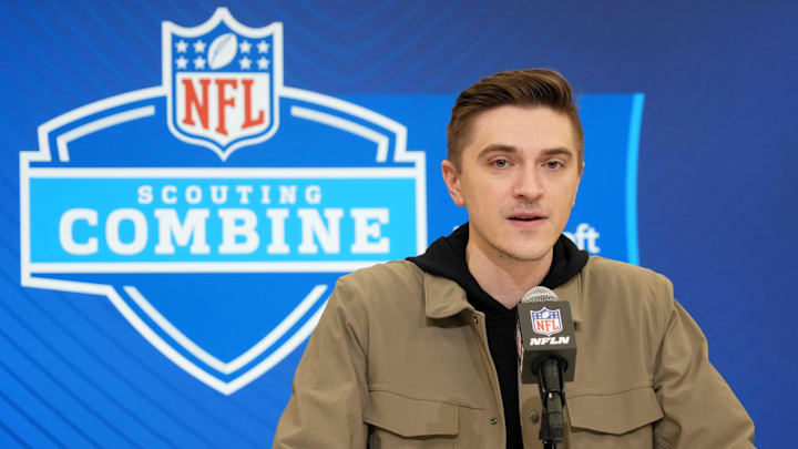 Feb 25, 2025; Indianapolis, IN, USA; Jacksonville Jaguars general manger James Gladstone speaks during the NFL Scouting Combine at the Indiana Convention Center. Mandatory Credit: Kirby Lee-Imagn Images Feb 25, 2025; Indianapolis, IN, USA; Jacksonville Jaguars general manger James Gladstone speaks during the NFL Scouting Combine at the Indiana Convention Center. Mandatory Credit: Kirby Lee-Imagn Images
