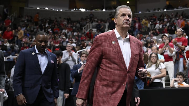 Mar 26, 2026; San Jose, CA, USA; Arkansas Razorbacks head coach John Calipari returns to the court after halftime against the Arizona Wildcats during a Sweet Sixteen game of the West Regional of the men's 2026 NCAA Tournament at SAP Center. Mandatory Credit: Eakin Howard-Imagn Images Mar 26, 2026; San Jose, CA, USA; Arkansas Razorbacks head coach John Calipari returns to the court after halftime against the Arizona Wildcats during a Sweet Sixteen game of the West Regional of the men's 2026 NCAA Tournament at SAP Center. Mandatory Credit: Eakin Howard-Imagn Images
