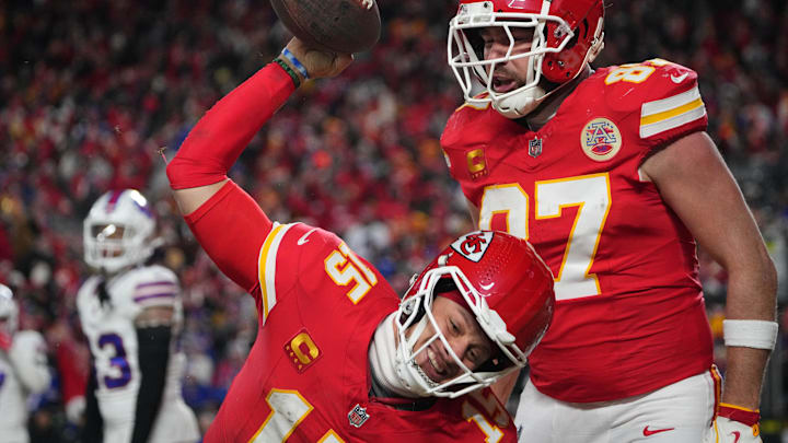 Jan 26, 2025; Kansas City, MO, USA; Kansas City Chiefs quarterback Patrick Mahomes (15) reacts after scoring a touchdown against the Buffalo Bills during the second half in the AFC Championship game at GEHA Field at Arrowhead Stadium. Mandatory Credit: Denny Medley-Imagn Images