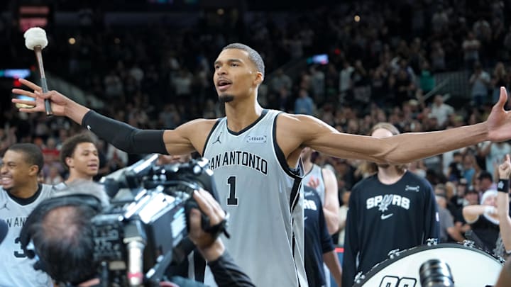 Mar 19, 2026; San Antonio, Texas, USA; San Antonio Spurs forward Victor Wembanyama (1) celebrates after the game against the Phoenix Suns at Frost Bank Center.