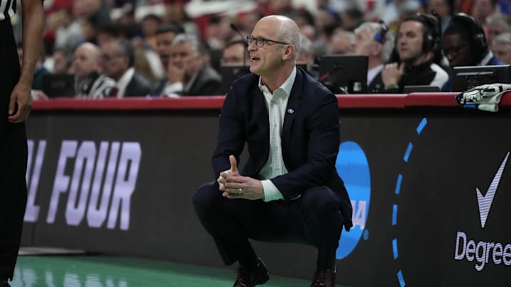 Mar 21, 2025; Raleigh, NC, USA; Connecticut Huskies head coach Dan Hurley reacts during the second half against the Oklahoma Sooners at Lenovo Center. Mandatory Credit: Bob Donnan-Imagn Images Mar 21, 2025; Raleigh, NC, USA; Connecticut Huskies head coach Dan Hurley reacts during the second half against the Oklahoma Sooners at Lenovo Center. Mandatory Credit: Bob Donnan-Imagn Images