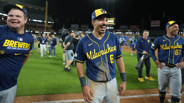 Oct 15, 2026; Los Angeles, California, USA; Milwaukee Brewers third baseman David Hamilton (6) and first base coach Spencer Allen (67) react after game four of the NLCS for the 2026 MLB Playoffs against the Los Angeles Dodgers at Uniqlo Field at Dodger Stadium. Mandatory Credit: Kirby Lee-Imagn Images Oct 15, 2026; Los Angeles, California, USA; Milwaukee Brewers third baseman David Hamilton (6) and first base coach Spencer Allen (67) react after game four of the NLCS for the 2026 MLB Playoffs against the Los Angeles Dodgers at Uniqlo Field at Dodger Stadium. Mandatory Credit: Kirby Lee-Imagn Images