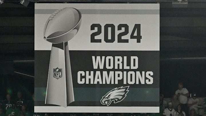 Sep 4, 2025; Philadelphia, Pennsylvania, USA; The Philadelphia Eagles Super Bowl Championship banner is revealed prior to the game between the Philadelphia Eagles and the Dallas Cowboys at Lincoln Financial Field. Mandatory Credit: Eric Hartline-Imagn Images