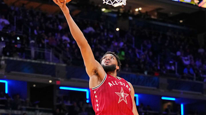 Feb 18, 2024; Indianapolis, Indiana, USA; Western Conference center Karl-Anthony Towns (32) of the Minnesota Timberwolves shoots the ball during the first half of the 73rd NBA All Star game at Gainbridge Fieldhouse. Mandatory Credit: Kyle Terada-Imagn Images