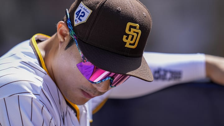 Apr 15, 2023; San Diego, California, USA; San Diego Padres second baseman Ha-Seong Kim wears a hat with the Jackie Robinson commemorative logo during the game against the Milwaukee Brewers at Petco Park. Mandatory Credit: Ray Acevedo-Imagn Images Apr 15, 2023; San Diego, California, USA; San Diego Padres second baseman Ha-Seong Kim wears a hat with the Jackie Robinson commemorative logo during the game against the Milwaukee Brewers at Petco Park. Mandatory Credit: Ray Acevedo-Imagn Images