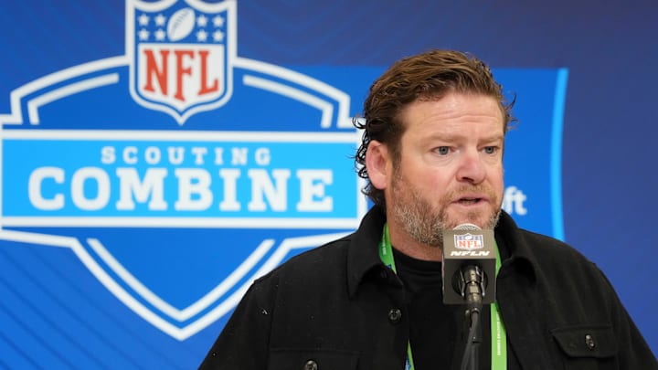 Feb 25, 2025; Indianapolis, IN, USA; Seattle Seahawks general manager John Schneider speaks during the NFL Scouting Combine at the Indiana Convention Center. Mandatory Credit: Kirby Lee-Imagn Images