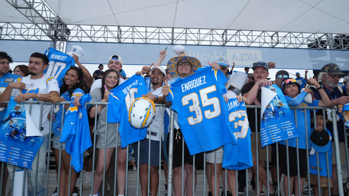 Fans watch at Los Angeles Rams training camp at The Bolt. 