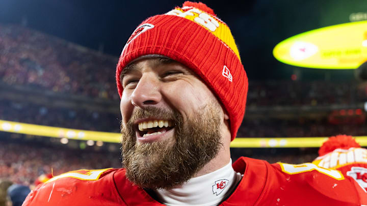 Jan 26, 2025; Kansas City, MO, USA; Kansas City Chiefs tight end Travis Kelce (87) celebrates after defeating the Buffalo Bills during the AFC Championship game at GEHA Field at Arrowhead Stadium. Mandatory Credit: Mark J. Rebilas-Imagn Images