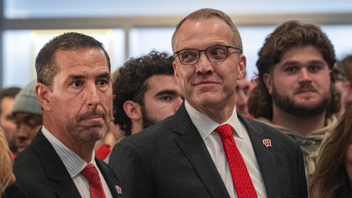 Wisconsin Badgers head football coach Luke Fickell, left is shown with athletic director Chris McIntosh