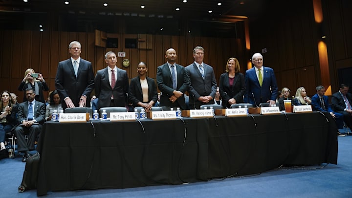 Oct 17, 2023; Washington, DC, USA; NCAA President Charlie Baker, left, Tony Petitti, Commissioner, Big Ten Conference, second from left, Trinity Thomas, gymnast,
University of Florida, third from left, Ramogi Huma, Executive Director, National College Players Association, center, Walker Jones, Executive Director, The Grove Collective, third from right, Jill Bodensteiner, Vice President and Director of Athletics, Saint Joseph   s University, second from right and Jack Swarbrick, Vice President