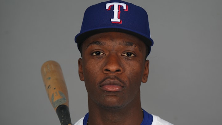 Feb 19, 2025; Surprise, AZ, USA; Texas Rangers player Sebastian Walcott poses for a photo during Media Day at Surprise Stadium. 