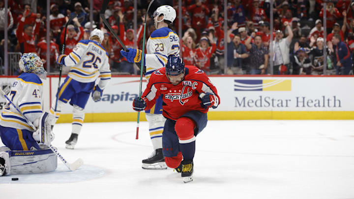 Mar 30, 2025; Washington, District of Columbia, USA; Washington Capitals left wing Alex Ovechkin (8) celebrates after scoring a goal past Buffalo Sabres goaltender James Reimer (47) during the third period at Capital One Arena. Mandatory Credit: Amber Searls-Imagn Images