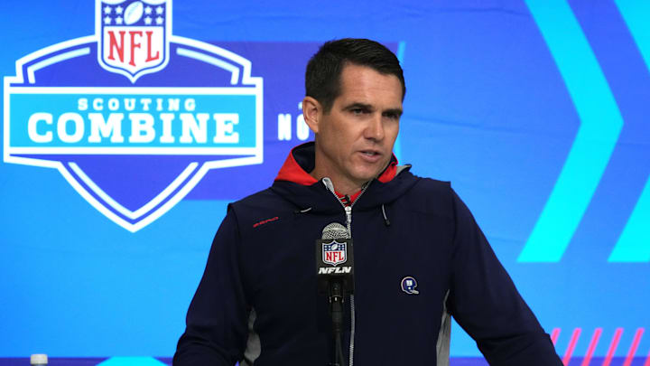 Feb 27, 2024; Indianapolis, IN, USA; New York Giants general manager Joe Schoen speaks during a