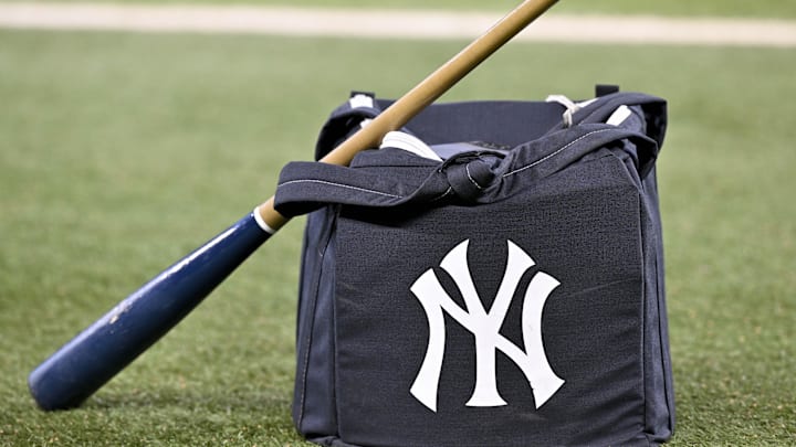 Aug 4, 2025; Arlington, Texas, USA; A view of a baseball bat and a New York Yankees bag and logo before the game between the Texas Rangers and the Yankees at Globe Life Field. Mandatory Credit: Jerome Miron-Imagn Images