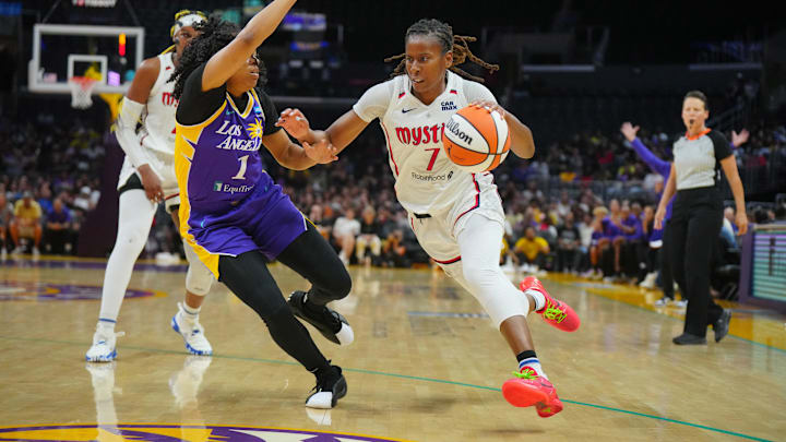 Jul 2, 2024; Los Angeles, California, USA; Washington Mystics guard Ariel Atkins (7) dribbles the ball against LA Sparks guard Zia Cooke (1) in the second half at Crypto.com Arena. Mandatory Credit: Kirby Lee-Imagn Images Jul 2, 2024; Los Angeles, California, USA; Washington Mystics guard Ariel Atkins (7) dribbles the ball against LA Sparks guard Zia Cooke (1) in the second half at Crypto.com Arena. Mandatory Credit: Kirby Lee-Imagn Images