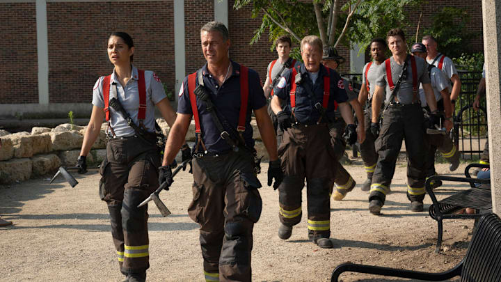 CHICAGO FIRE -- "Ride the Blade" Episode 13002 -- Pictured: (l-r) Miranda Rae Mayo as Stella Kidd, Taylor Kinney as Kelly Severide, Michael Bradway as Damon, Christian Stolte as Randy "Mouch" McHolland, Daniel Kyri as Darren Ritter, Jake Lockett as Sam Carver -- (Photo by: Peter Gordon/NBC)