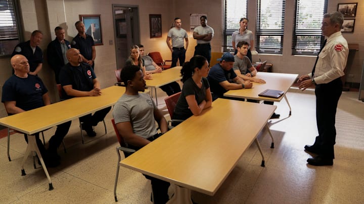 CHICAGO FIRE -- "A Monster In the Field" Episode 13001 -- Pictured: (l-r) Randy Flagler as Capp, Christian Stolte as Randy Mouch McHolland, David Eigenberg as Christopher Herrmann, Joe Miñoso as Joe Cruz, Taylor Kinney as Kelly Severide, Jocelyn Hudon as Novak, Michael Bradway as Damon, Daniel Kyri as Darren Ritter, Hanako Greensmith as Violet Mikami, Anthony Ferraris as Tony, Jake Lockett as Sam Carver, Miranda Rae Mayo as Stella Kidd, Dermot Mulroney as Chief Dom Pascal -- (Photo by: Peter