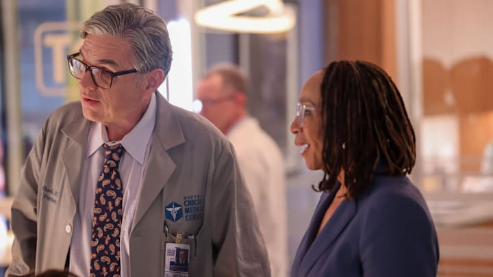 CHICAGO MED -- "A Game of Inches" Episode 1102 -- Pictured: (l-r) Oliver Platt as Dr. Daniel Charles, S. Epatha Merkerson as Sharon Goodwin -- (Photo by: George Burns Jr/NBC)