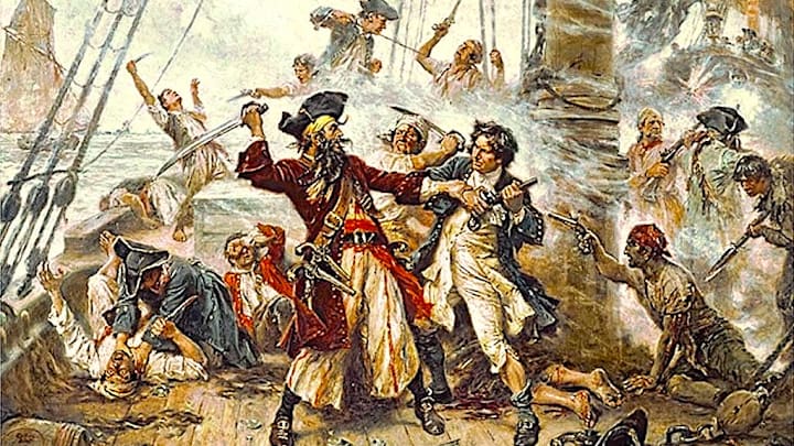‘Capture of the Pirate, Blackbeard, 1718,’ a 1920 painting depicting the battle between Blackbeard and Lieutenant Robert Maynard in Ocracoke Bay.