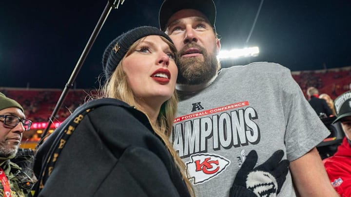 Taylor Swift with Travis Kelce after last season’s AFC Championship win for the Kansas City Chiefs. Taylor Swift with Travis Kelce after last season’s AFC Championship win for the Kansas City Chiefs.