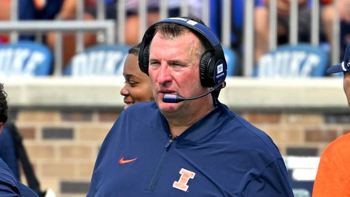 Sep 6, 2025; Durham, North Carolina, USA;  Illinois Fighting Illini head coach Bret Bielema during the third quarter against the Duke Blue Devils at Wallace Wade Stadium. Mandatory Credit: Zachary Taft-Imagn Images